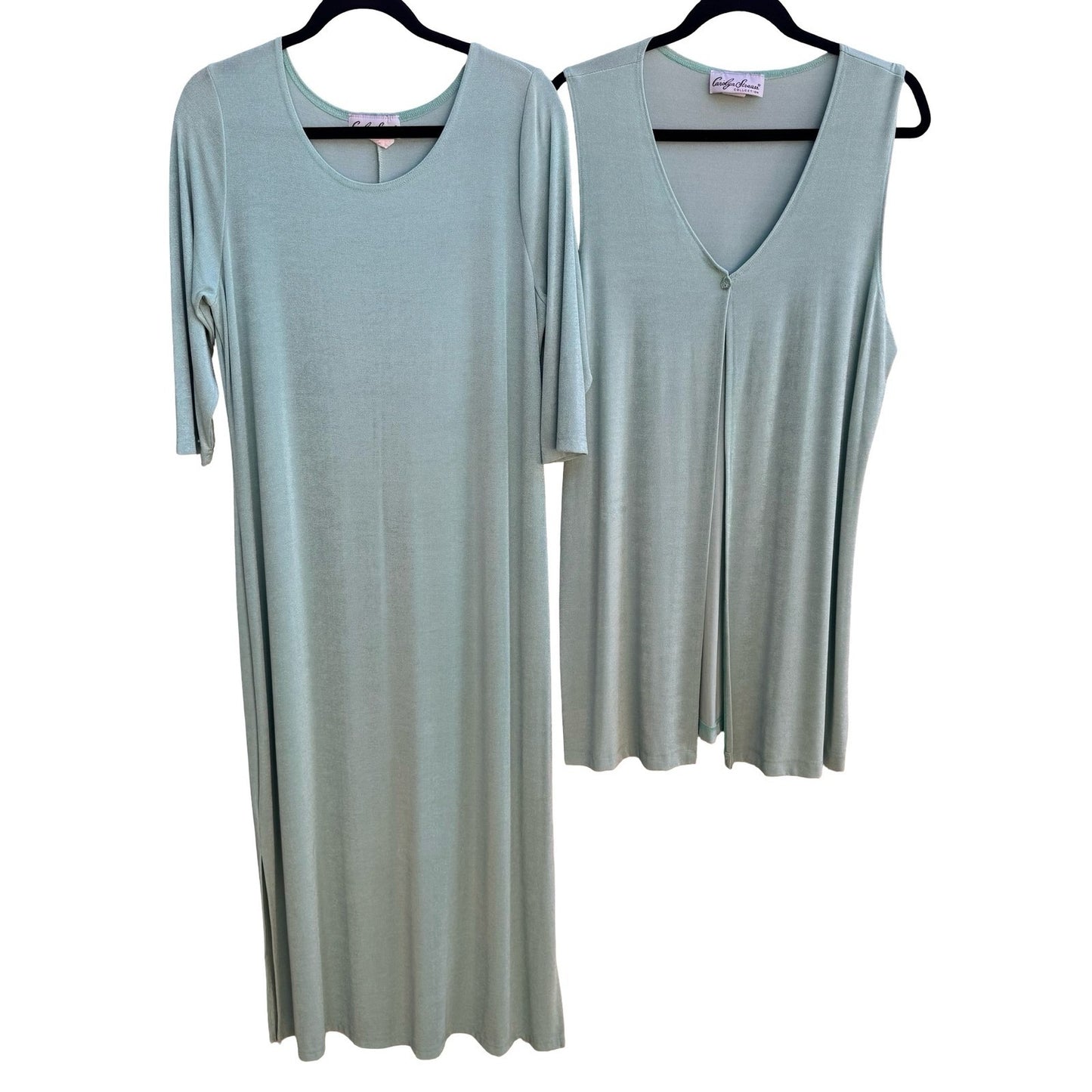 Carolyn Strauss Collection Minimalist Sage Green Shimmer Maxi Dress Vest Set L