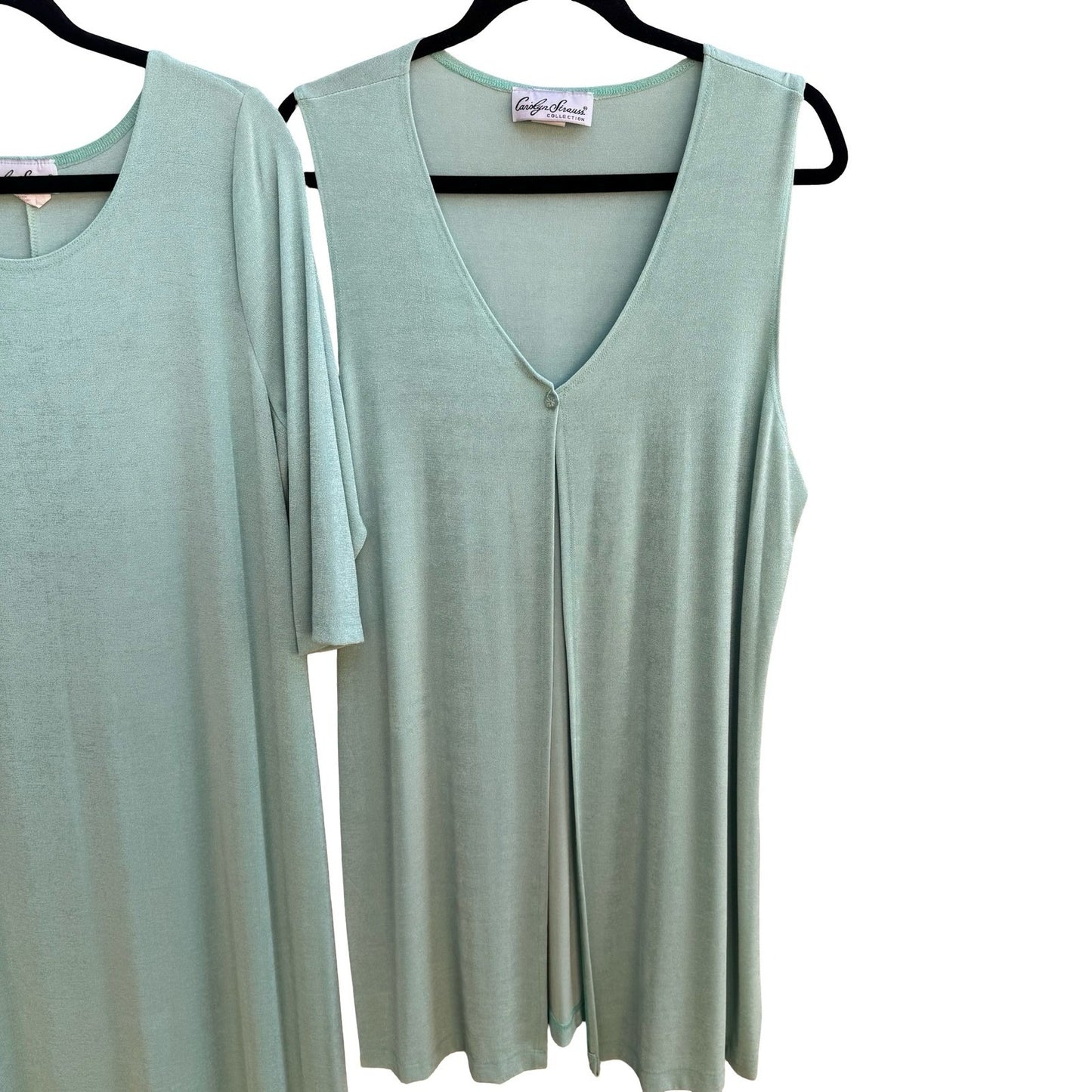 Carolyn Strauss Collection Minimalist Sage Green Shimmer Maxi Dress Vest Set L