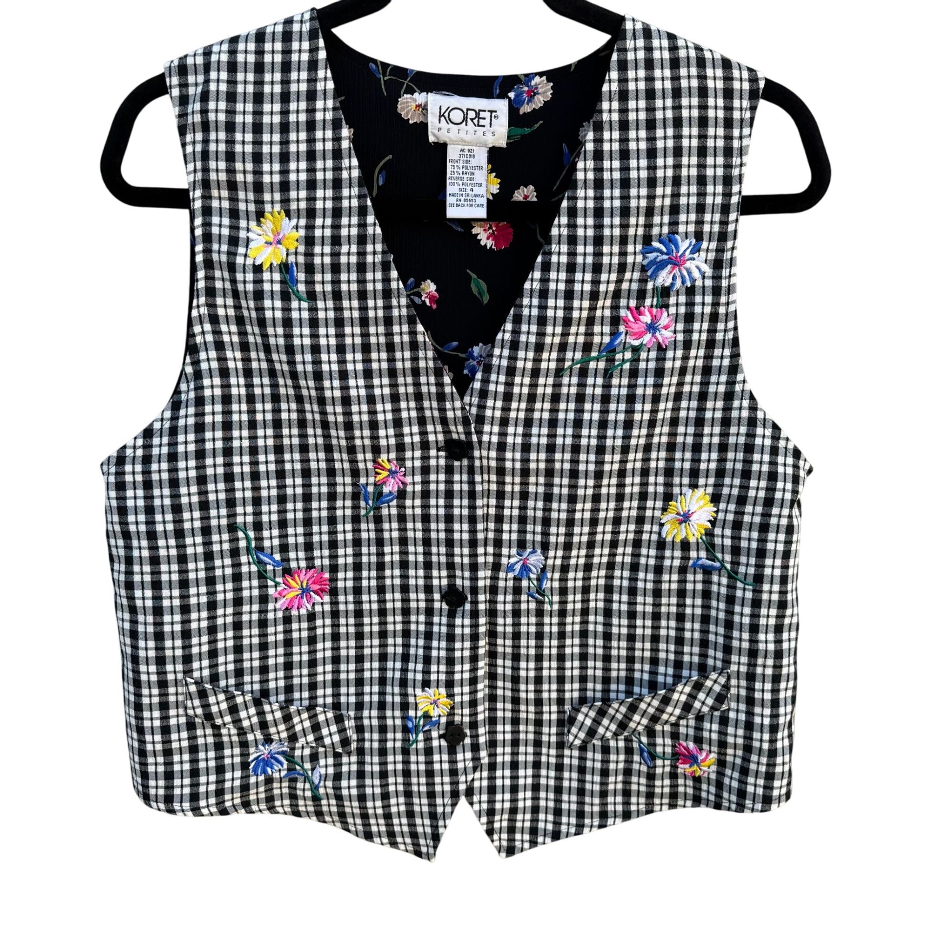 Koret Petites Vintage Floral Reversible Black & Gingham Button-Up Vest Womens 4