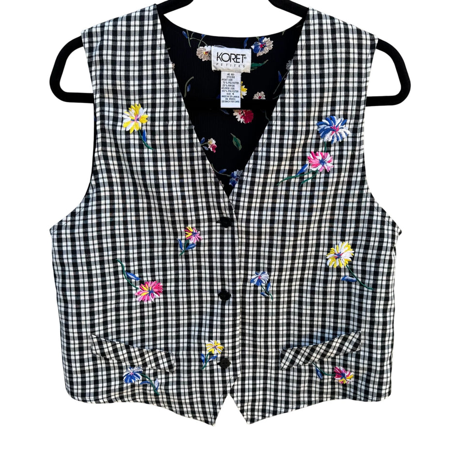 Koret Petites Vintage Floral Reversible Black & Gingham Button-Up Vest Womens 4