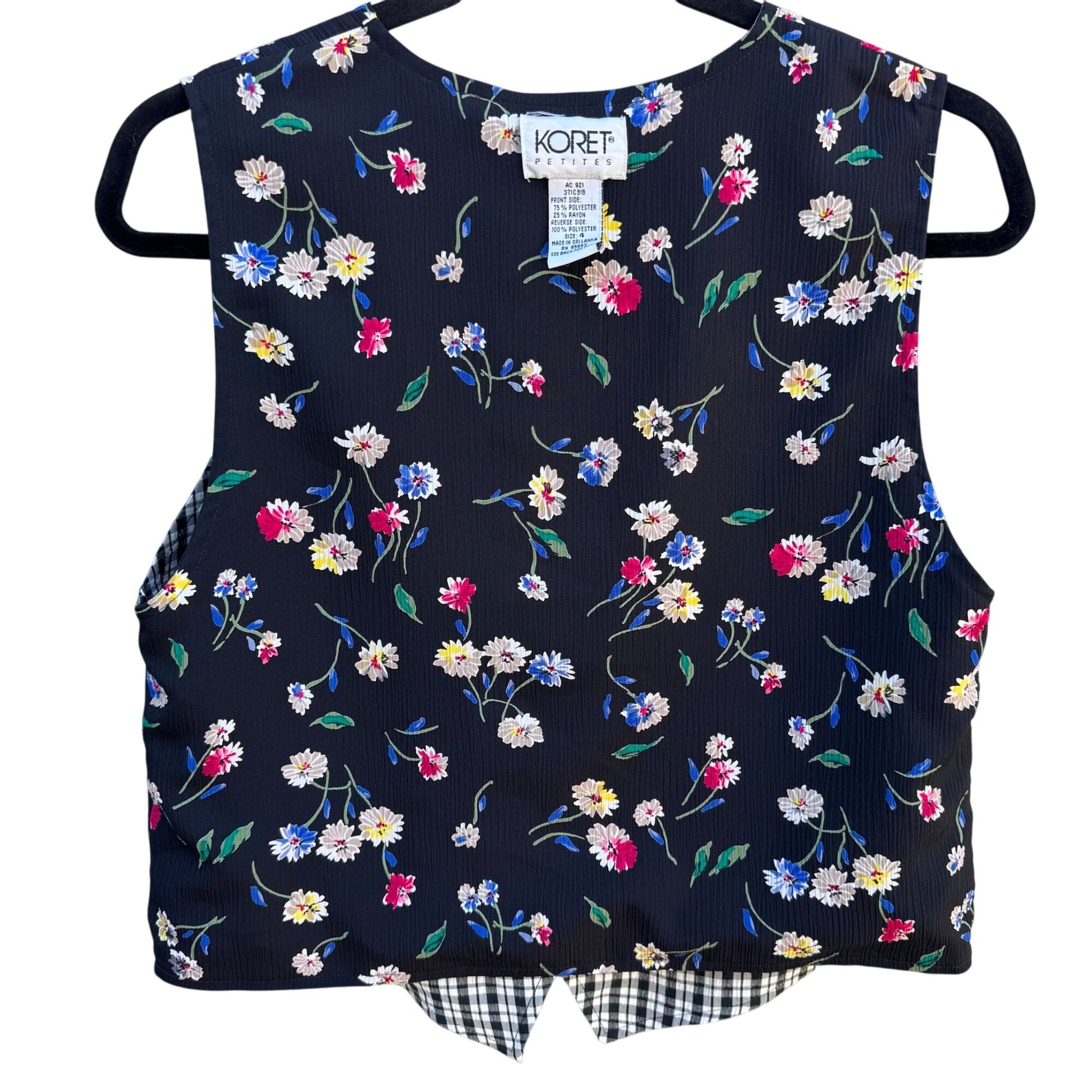 Koret Petites Vintage Floral Reversible Black & Gingham Button-Up Vest Womens 4