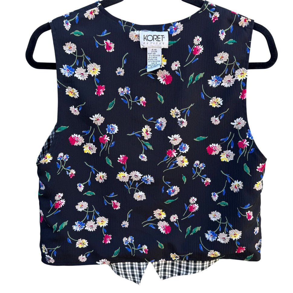 Koret Petites Vintage Floral Reversible Black & Gingham Button-Up Vest Womens 4