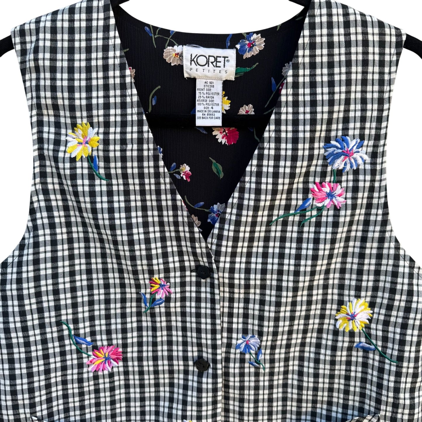 Koret Petites Vintage Floral Reversible Black & Gingham Button-Up Vest Womens 4