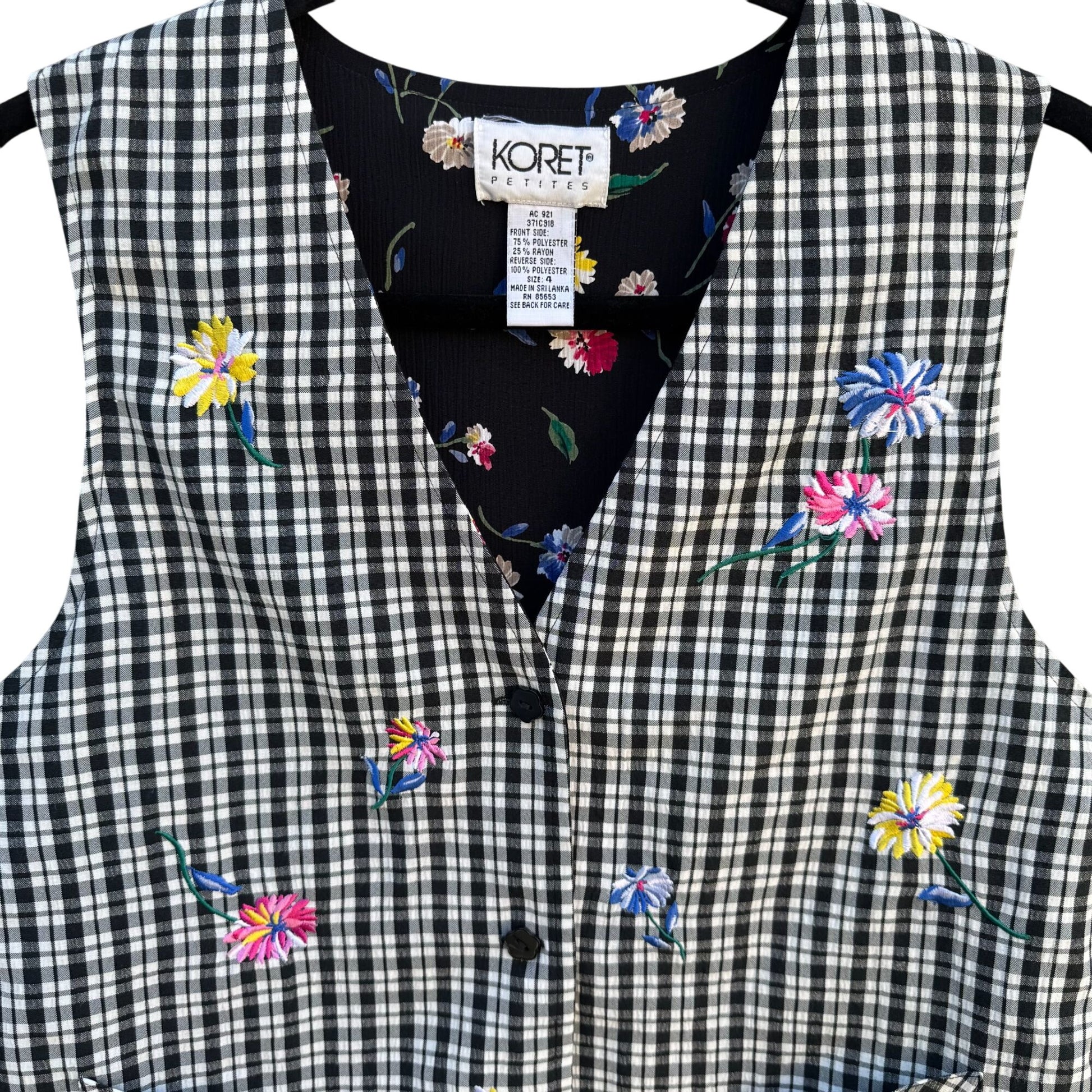 Koret Petites Vintage Floral Reversible Black & Gingham Button-Up Vest Womens 4