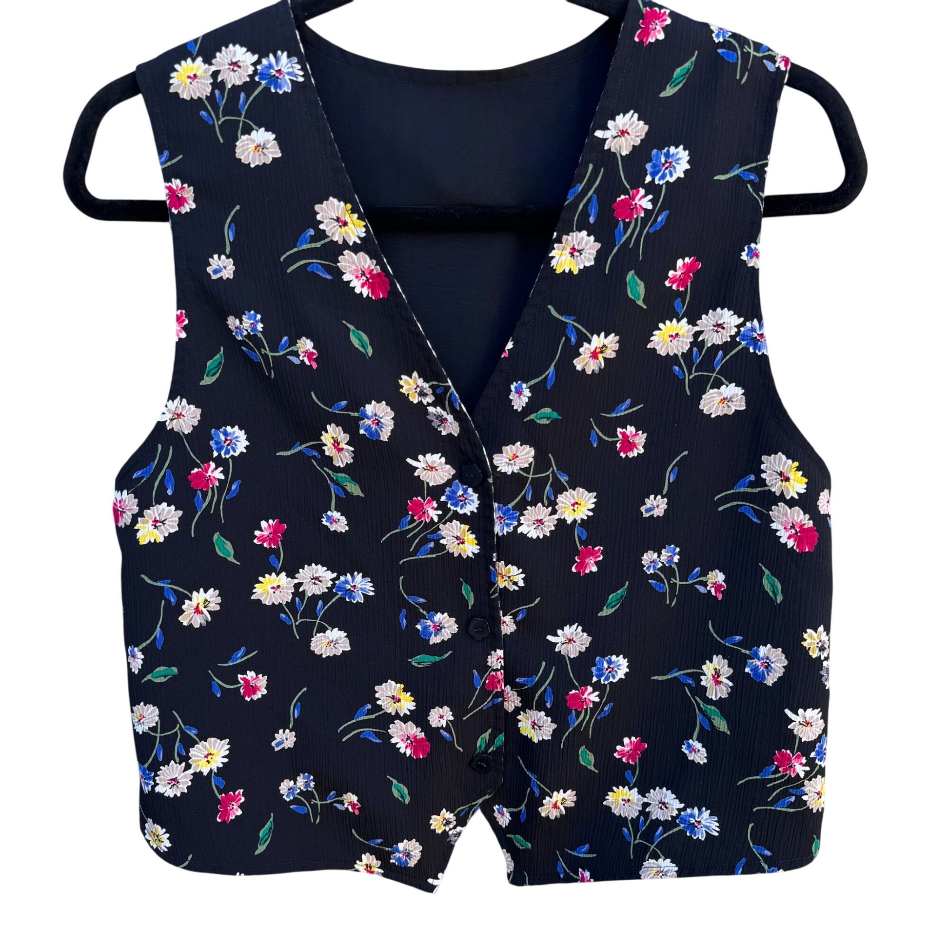 Koret Petites Vintage Floral Reversible Black & Gingham Button-Up Vest Womens 4