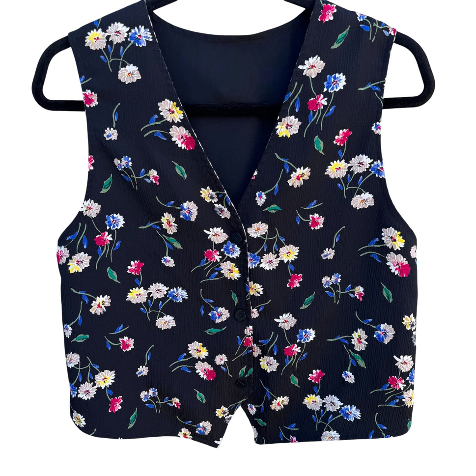 Koret Petites Vintage Floral Reversible Black & Gingham Button-Up Vest Womens 4