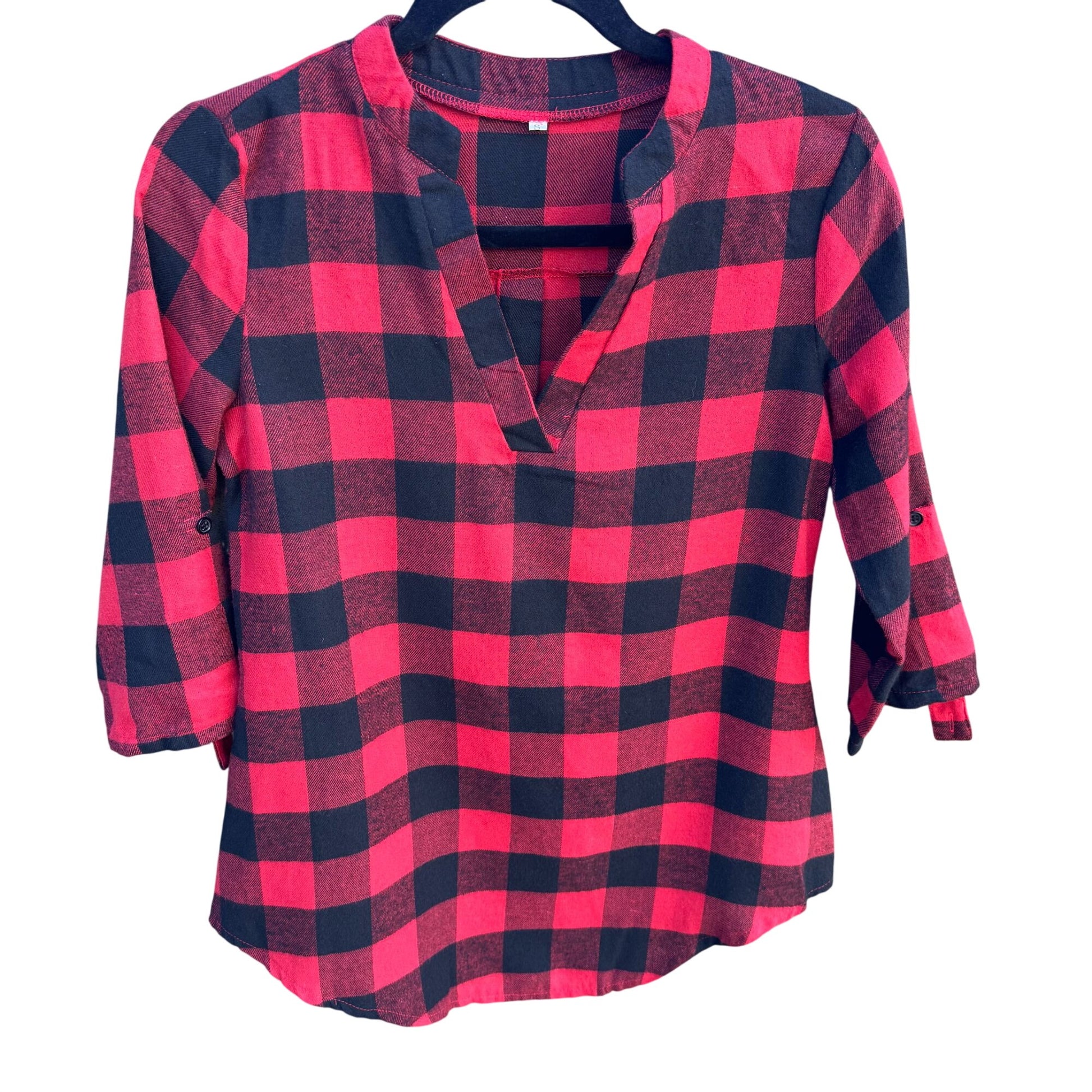 Vintage Red Black Buffalo Plaid Womens V Neck 3/4 Roll Tab Sleeve Work Shirt S