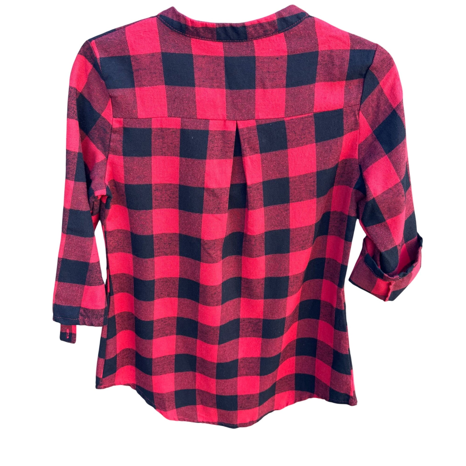 Vintage Red Black Buffalo Plaid Womens V Neck 3/4 Roll Tab Sleeve Work Shirt S