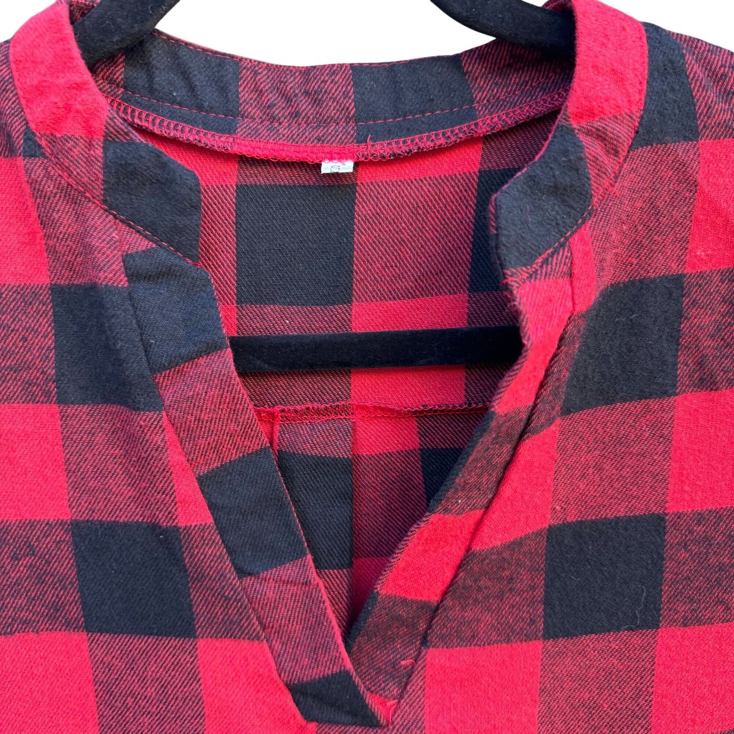 Vintage Red Black Buffalo Plaid Womens V Neck 3/4 Roll Tab Sleeve Work Shirt S