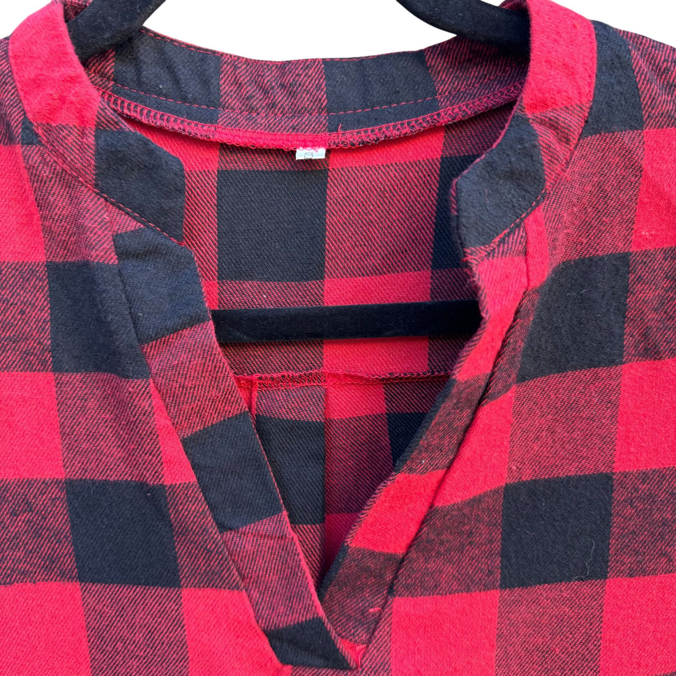 Vintage Red Black Buffalo Plaid Womens V Neck 3/4 Roll Tab Sleeve Work Shirt S