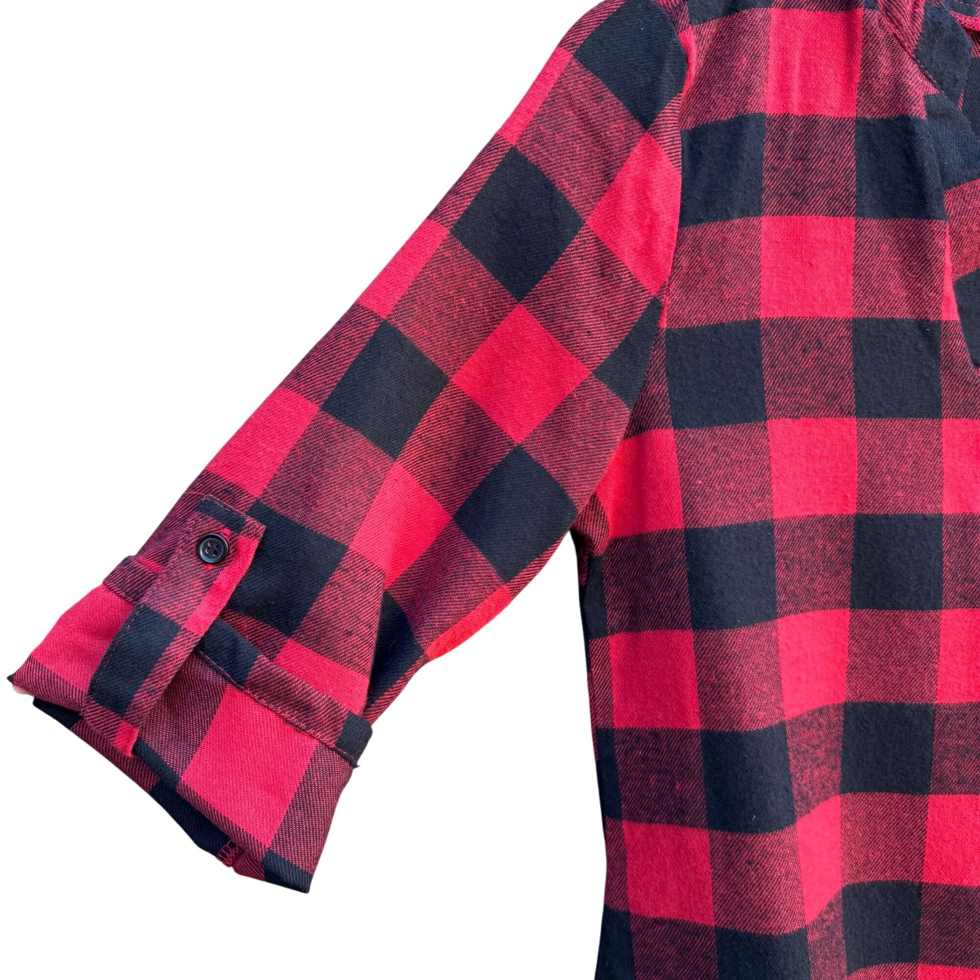 Vintage Red Black Buffalo Plaid Womens V Neck 3/4 Roll Tab Sleeve Work Shirt S