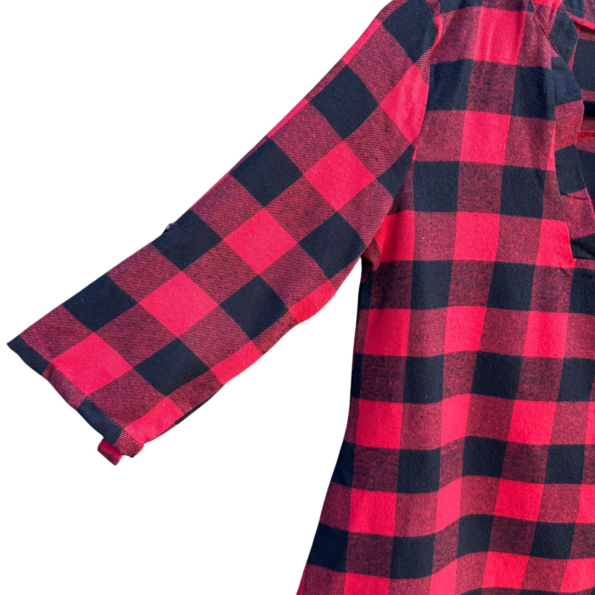 Vintage Red Black Buffalo Plaid Womens V Neck 3/4 Roll Tab Sleeve Work Shirt S
