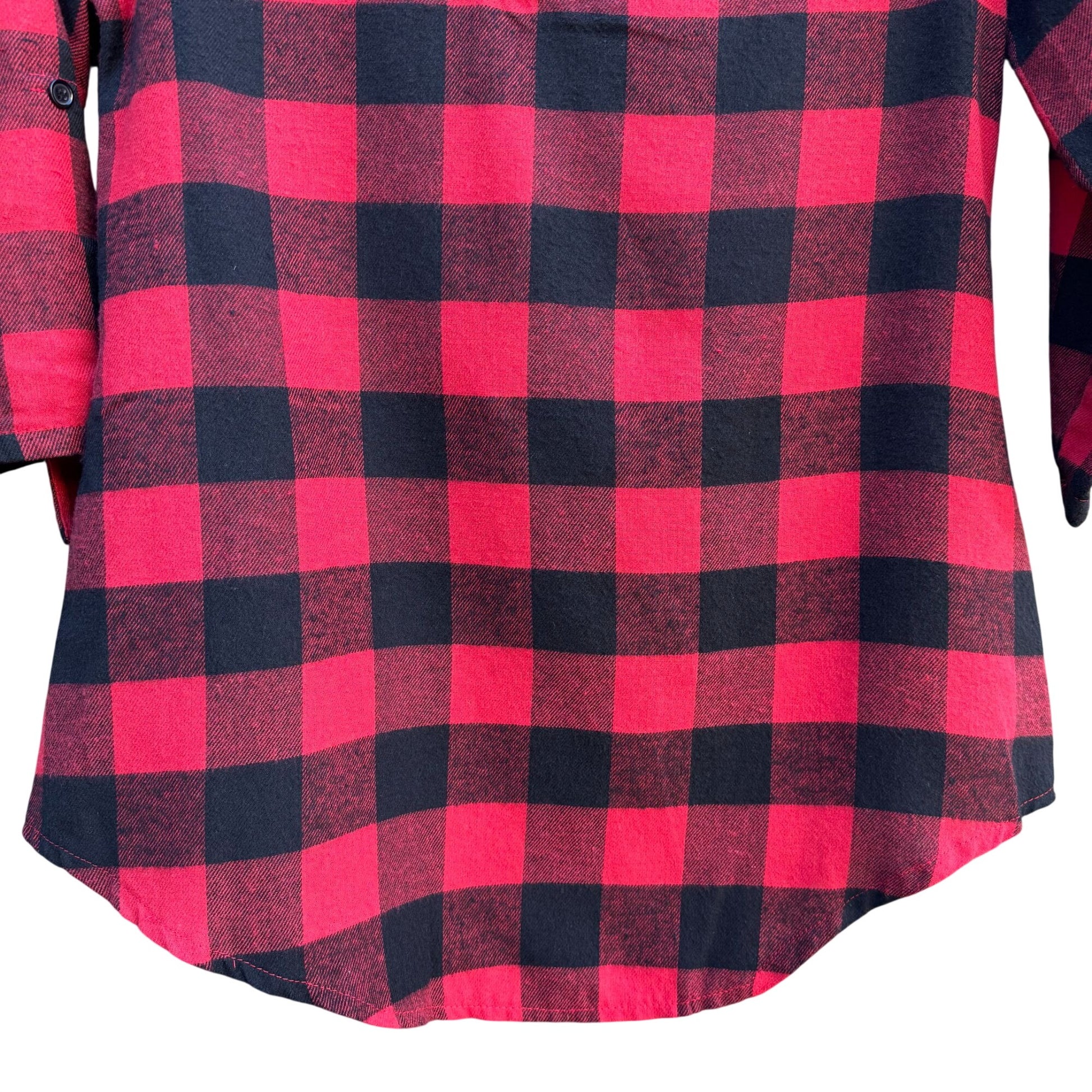 Vintage Red Black Buffalo Plaid Womens V Neck 3/4 Roll Tab Sleeve Work Shirt S