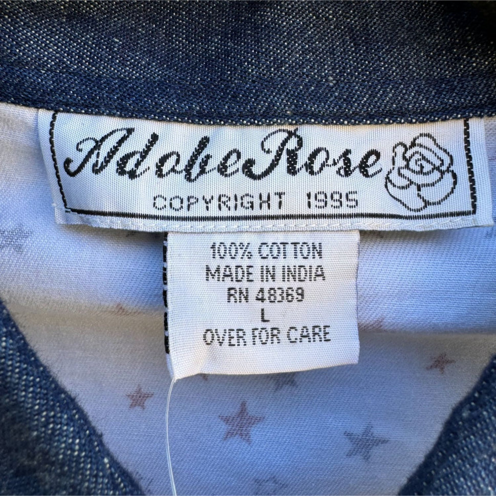 Adobe Rose Women's Sleeveless Star Print Button-Up Shirt With Denim Collar - NWT