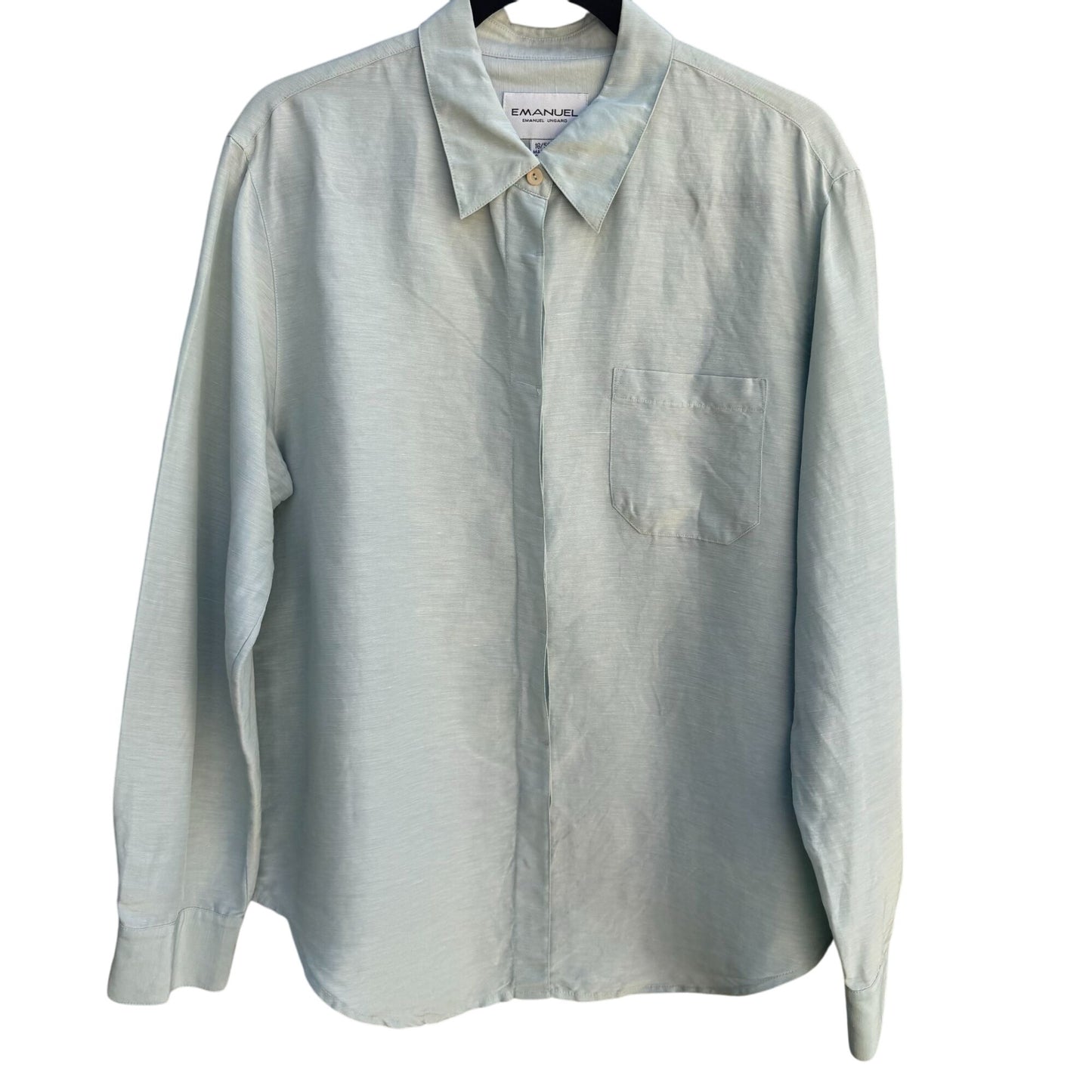 Emanuel Ungaro Vintage Womens Light Blue Green Long Sleeve Button-Up Blouse 16