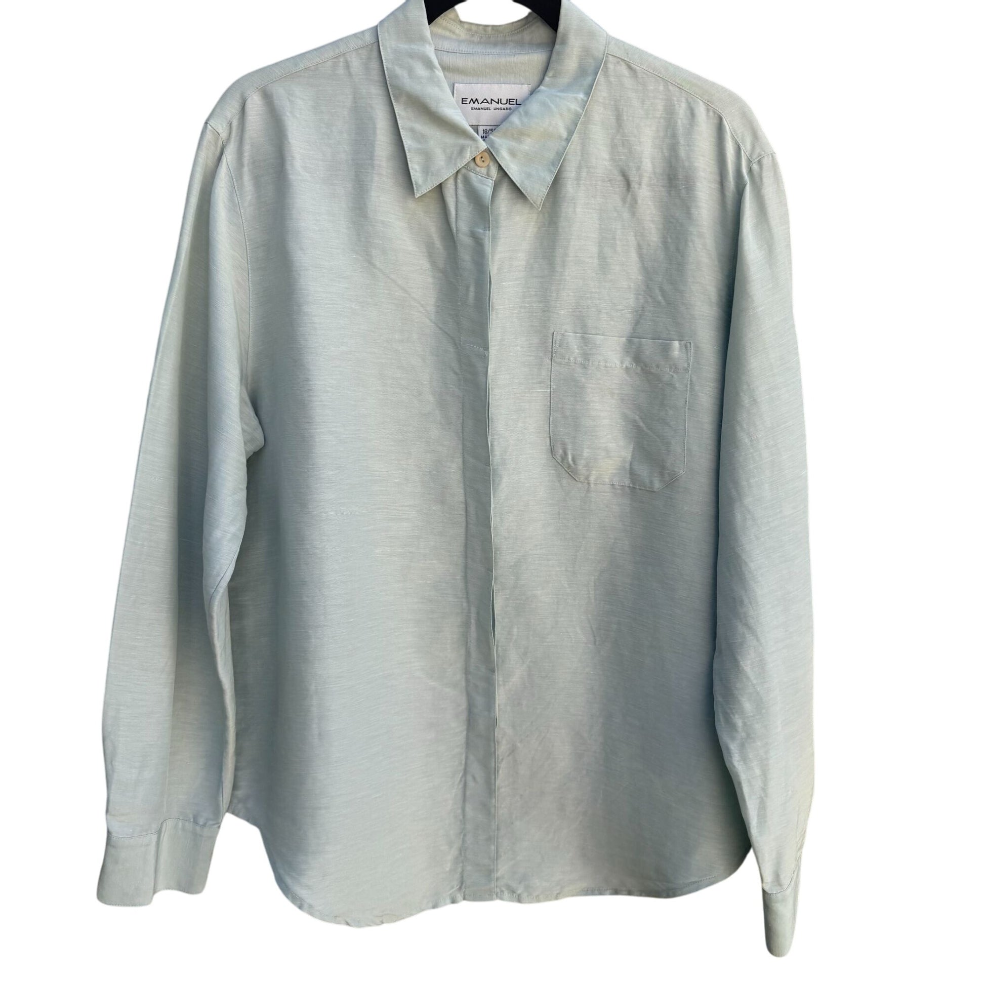 Emanuel Ungaro Vintage Womens Light Blue Green Long Sleeve Button-Up Blouse 16
