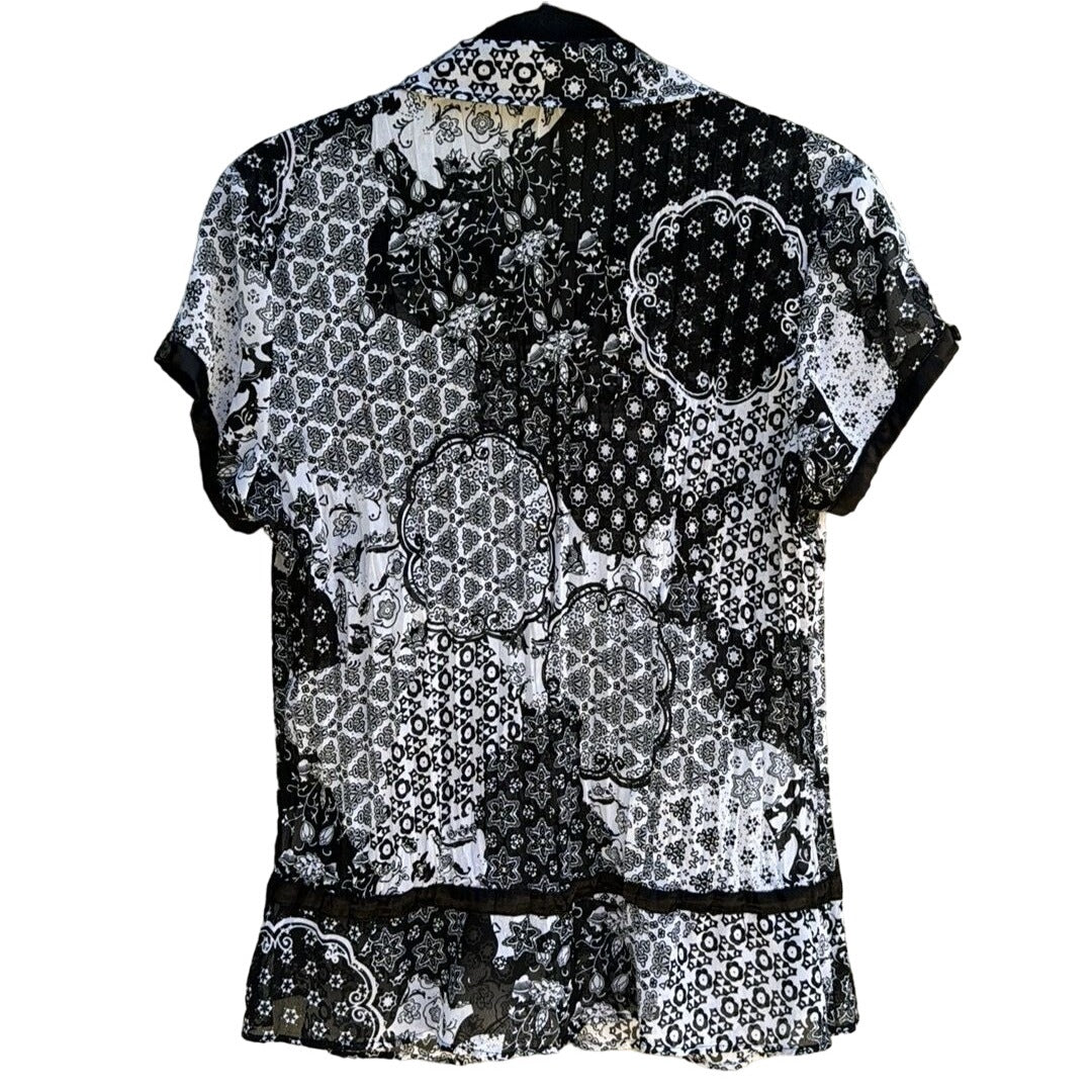 NY Collection Black White Short Sleeve Pleated Patchwork Button-Up Blouse - Med