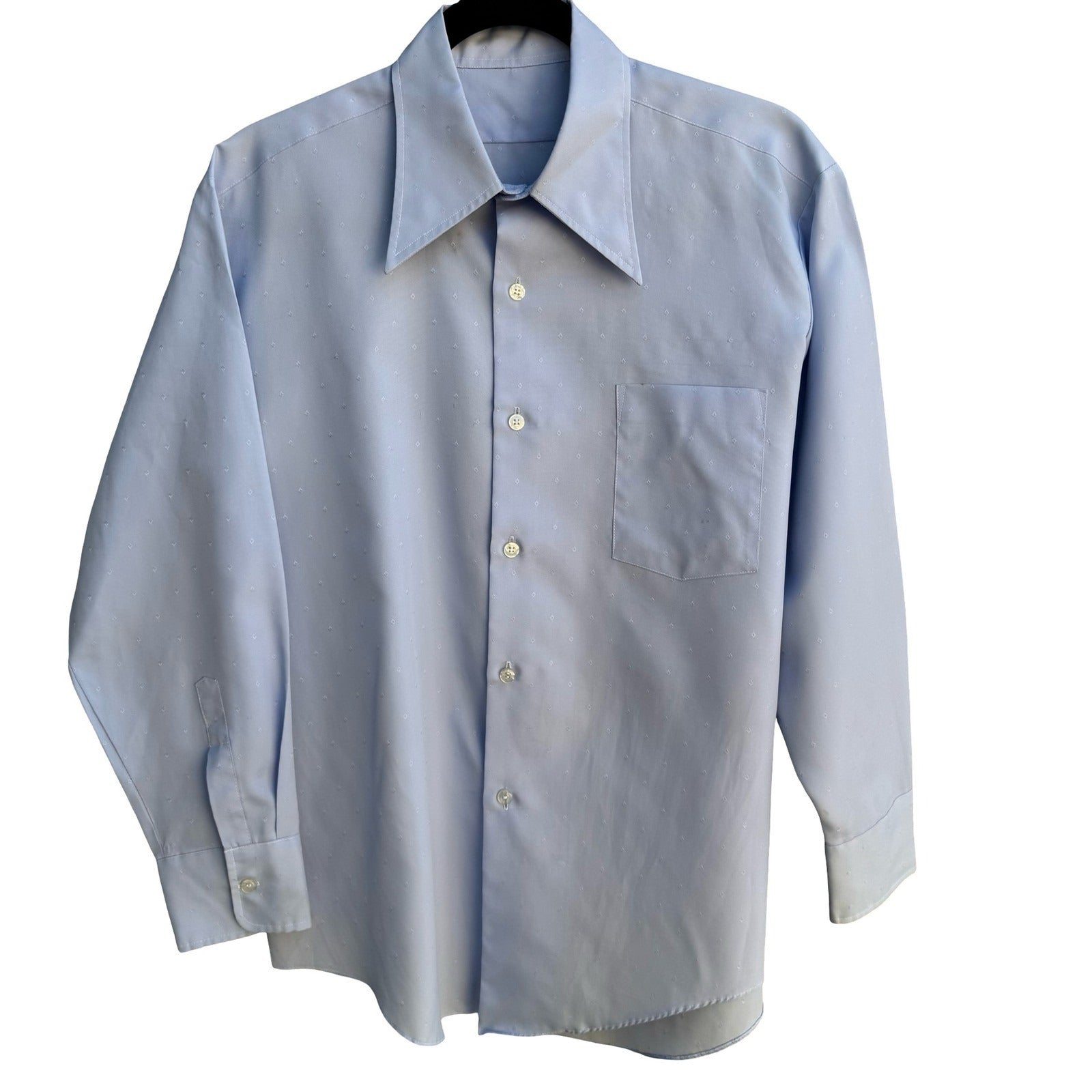 Vintage 70s Disco Dagger Collar Jacquard Shirt Pastel Blue Geometric Diamond L