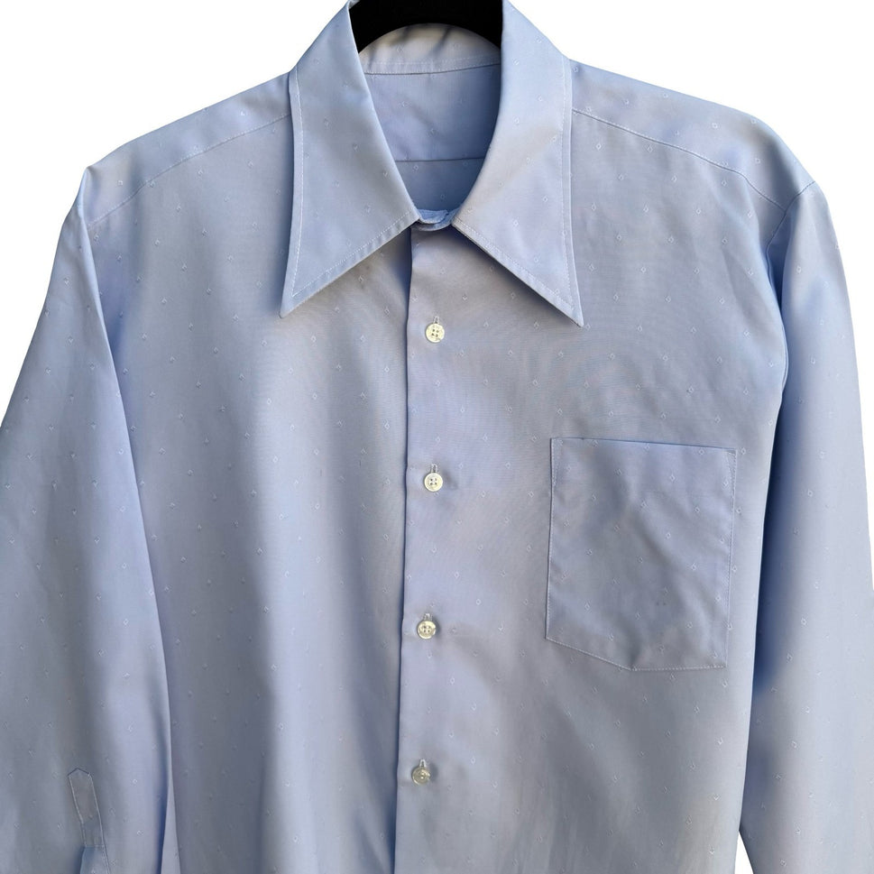 Vintage 70s Disco Dagger Collar Jacquard Shirt Pastel Blue Geometric Diamond L