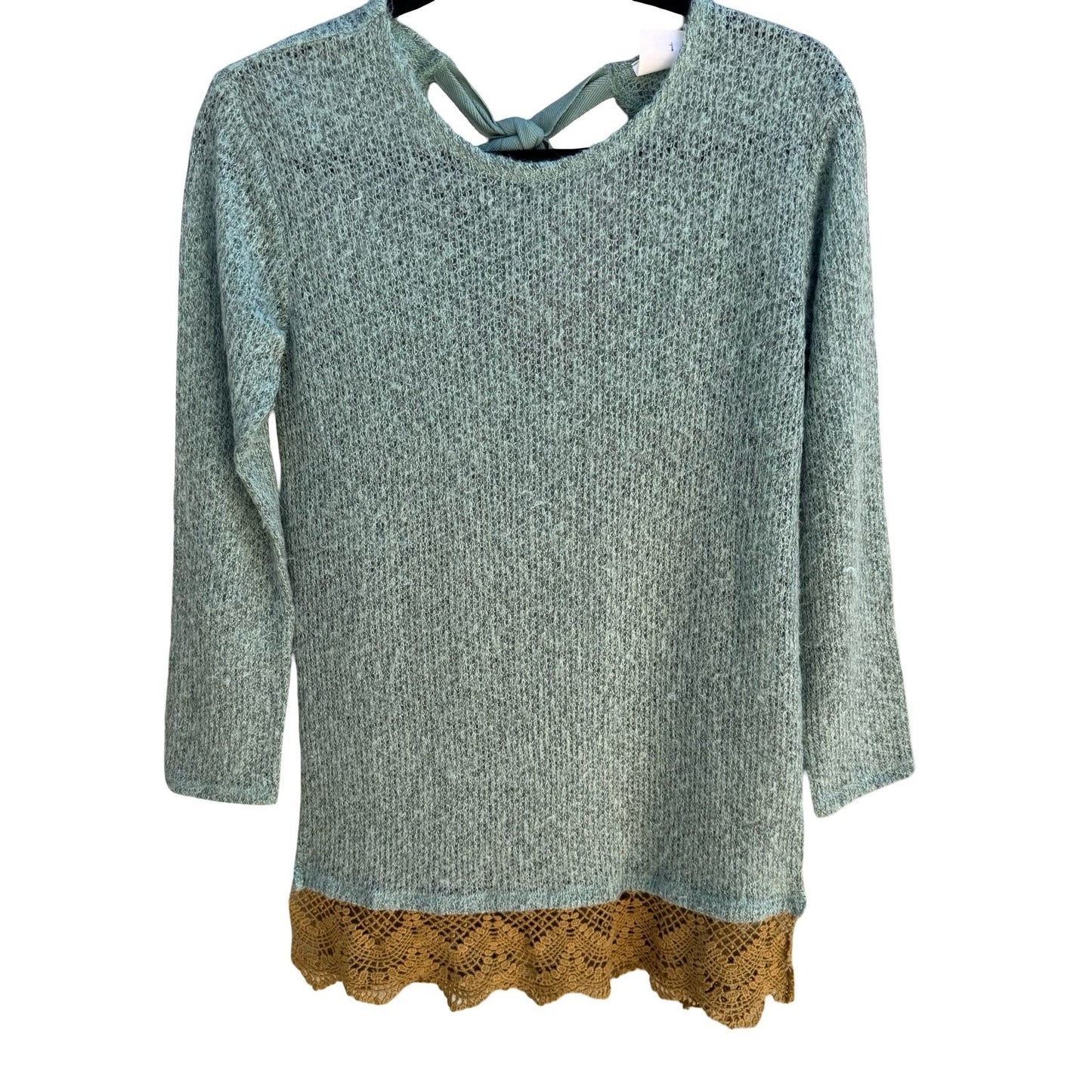 New Development Boho Fairycore Knit Sweater Crochet Lace Hem Bow Back Seafoam S