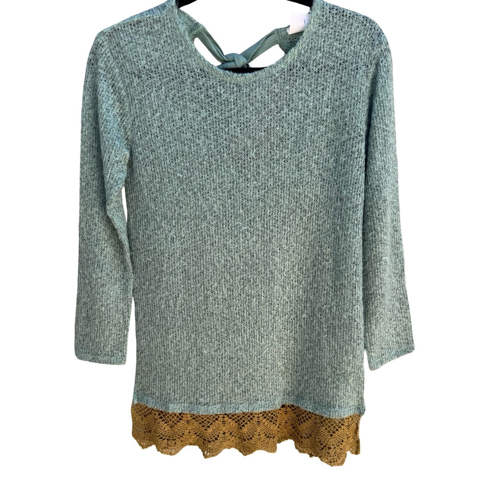 New Development Boho Fairycore Knit Sweater Crochet Lace Hem Bow Back Seafoam S