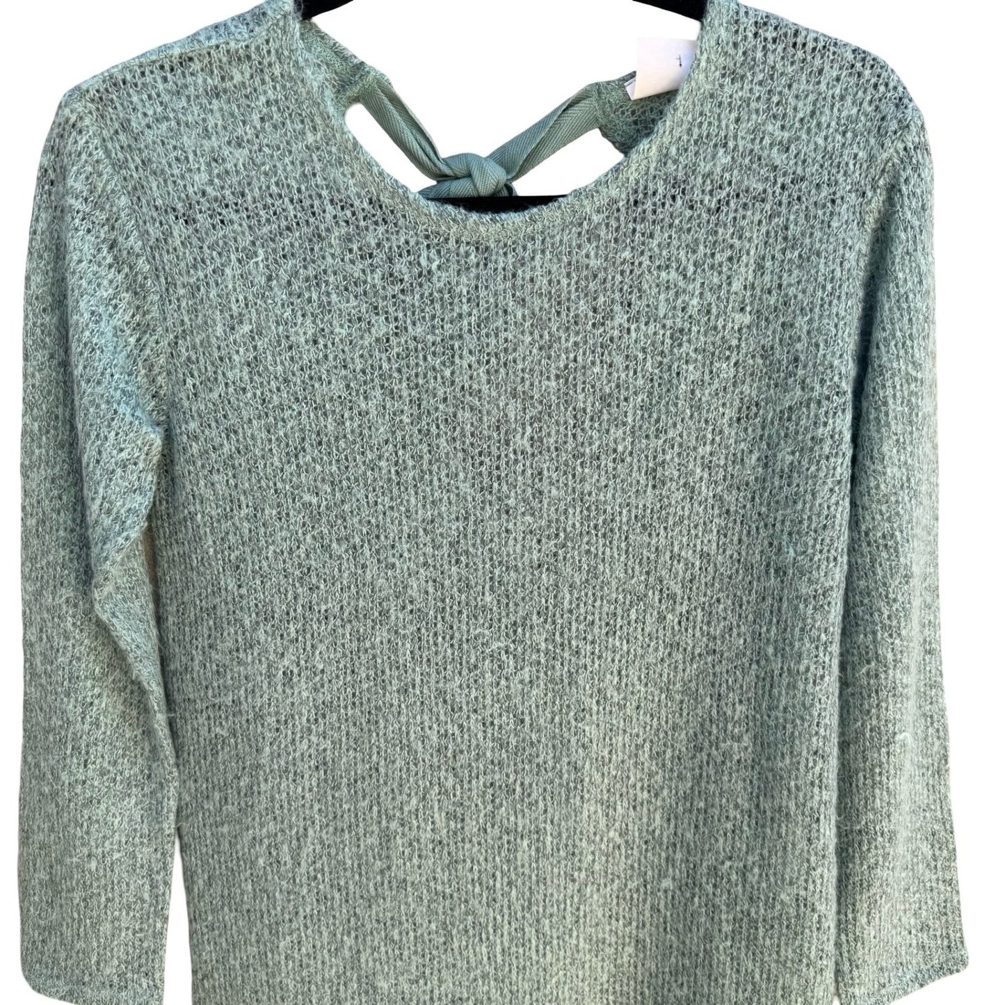 New Development Boho Fairycore Knit Sweater Crochet Lace Hem Bow Back Seafoam S