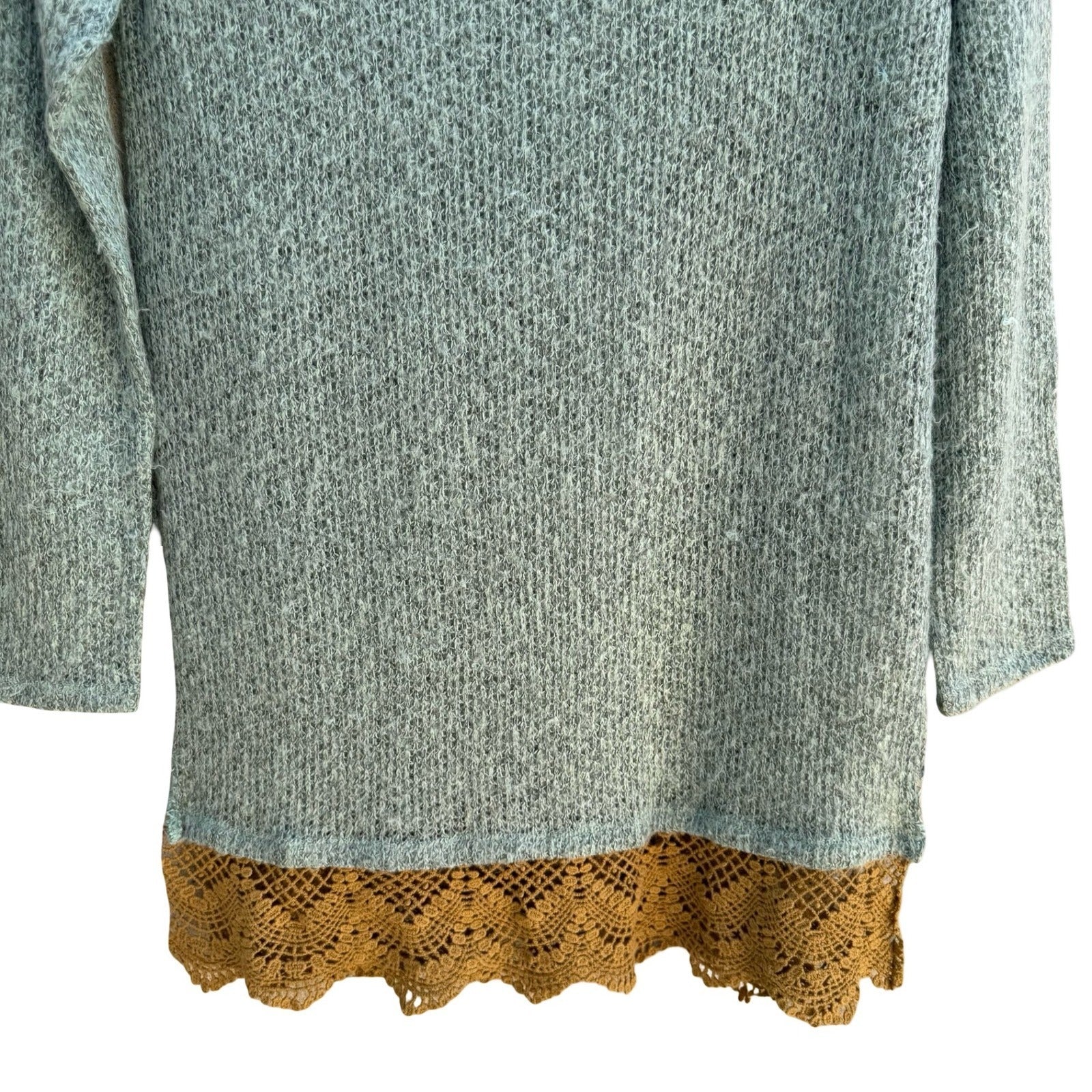 New Development Boho Fairycore Knit Sweater Crochet Lace Hem Bow Back Seafoam S