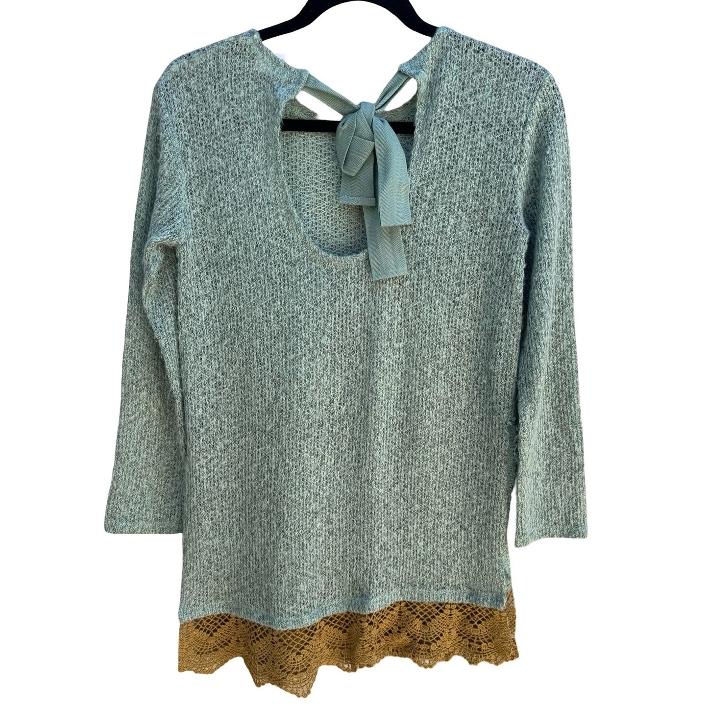 New Development Boho Fairycore Knit Sweater Crochet Lace Hem Bow Back Seafoam S