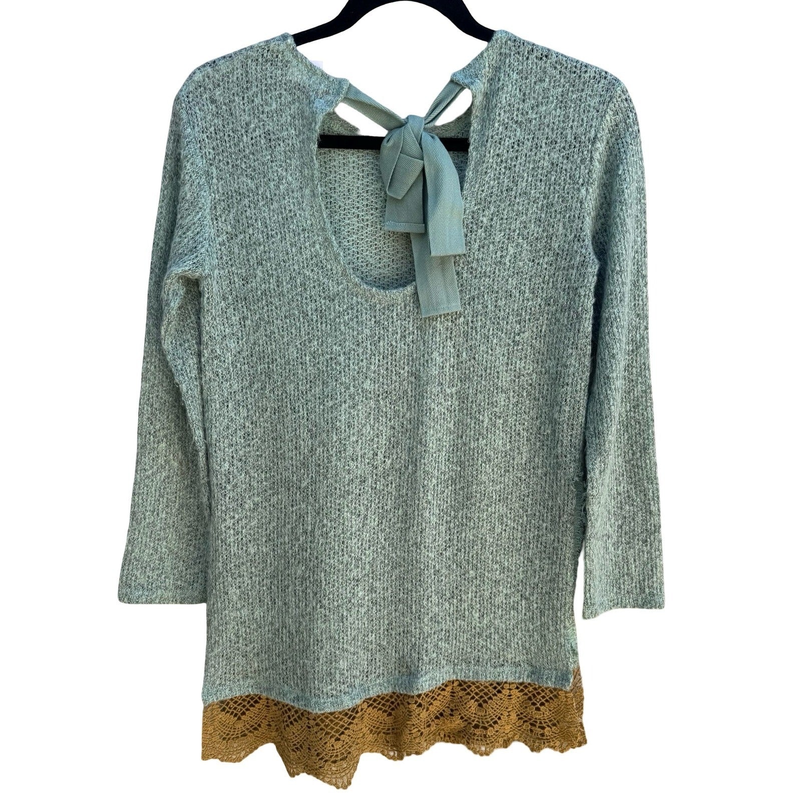 New Development Boho Fairycore Knit Sweater Crochet Lace Hem Bow Back Seafoam S