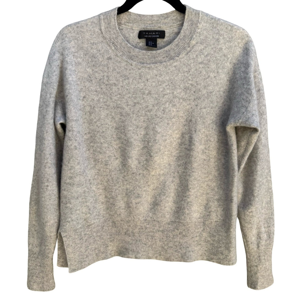 Tahari 100% 2-Ply Cashmere Soft Girl Sweater Minimalist Quiet Luxury Gray L