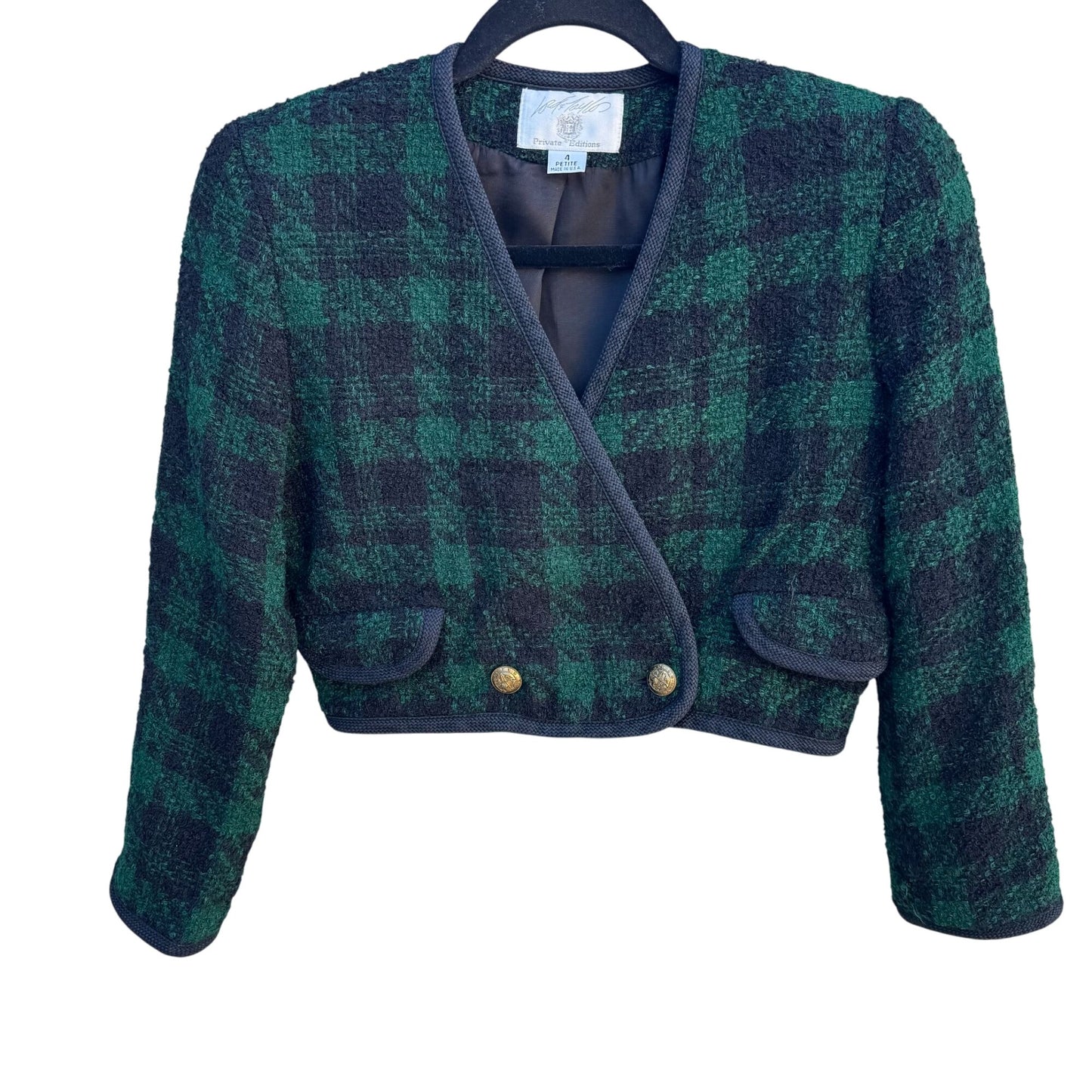 Lord & Taylor Vintage Plaid Green & Black Cropped Wool Jacket 4P With Gold Buttons
