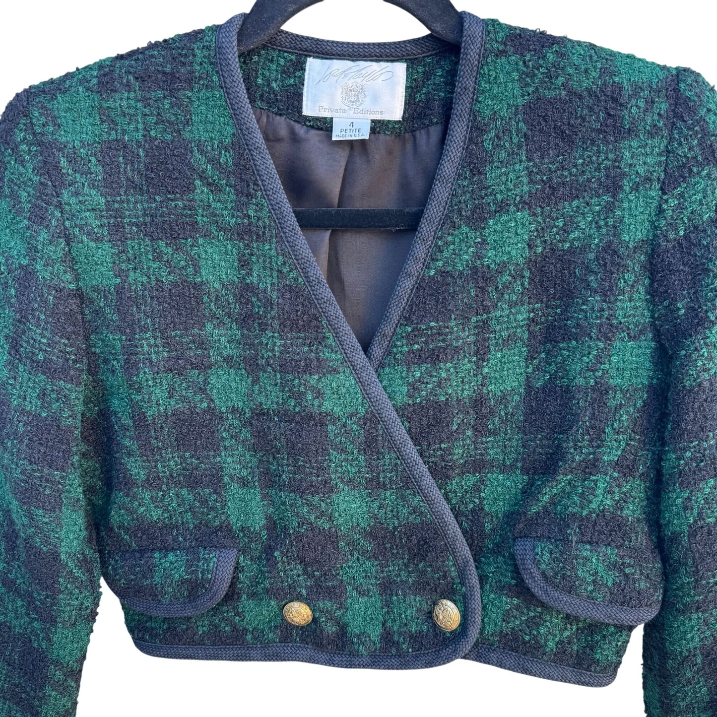 Lord & Taylor Vintage Plaid Green & Black Cropped Wool Jacket 4P With Gold Buttons