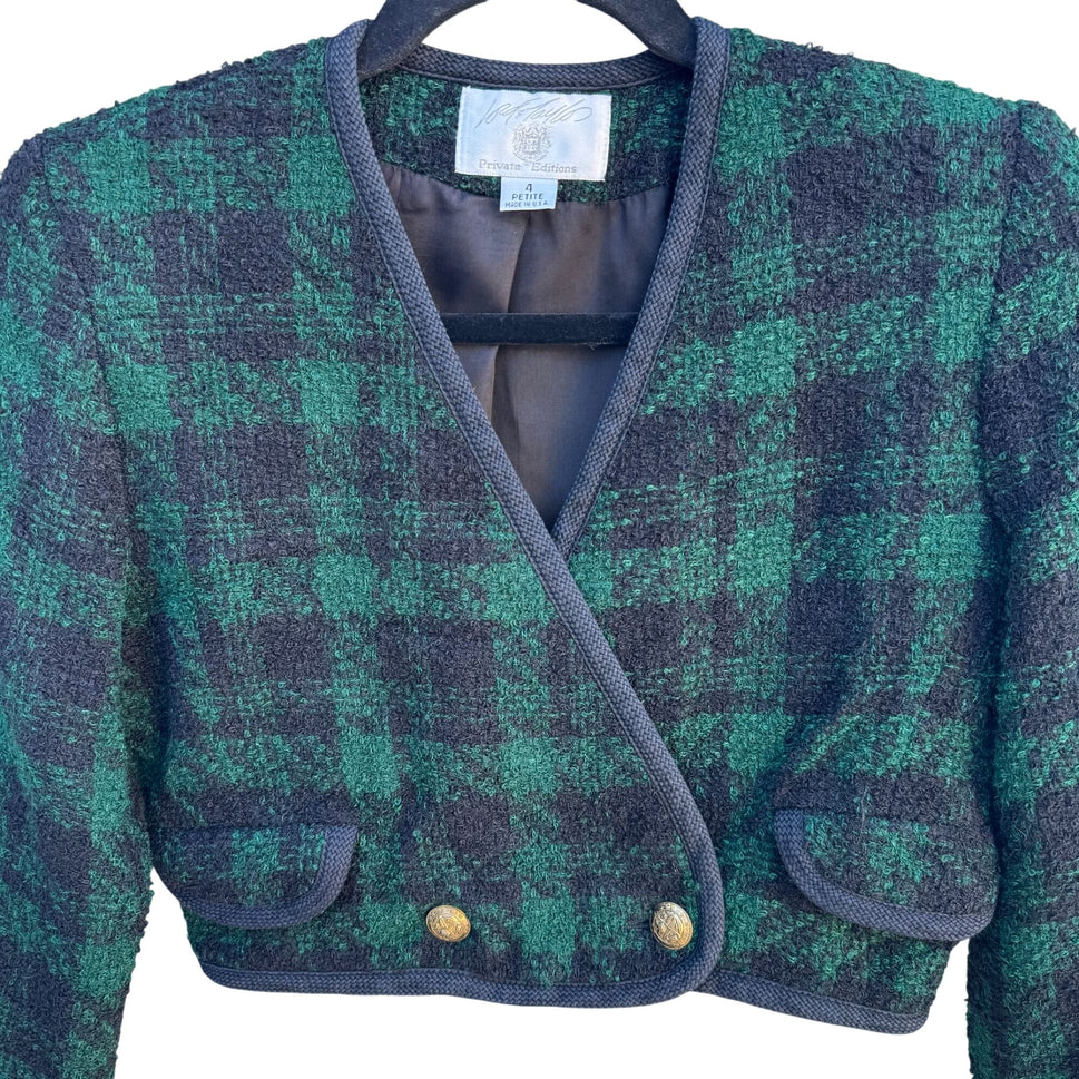 Lord & Taylor Vintage Plaid Green & Black Cropped Wool Jacket 4P With Gold Buttons