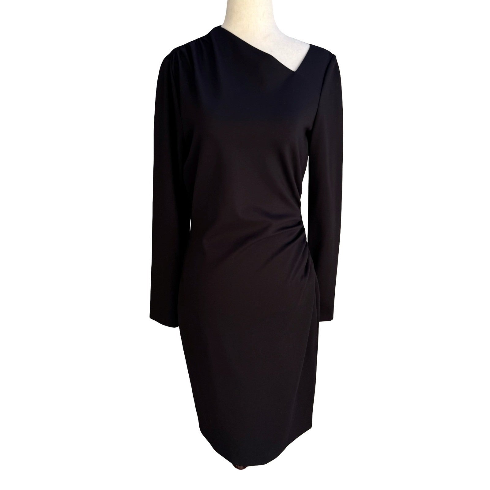 Elie Tahari Mozelle Asymmetrical Neck Ruched Minimalist Sheath Dress LBD Black 6