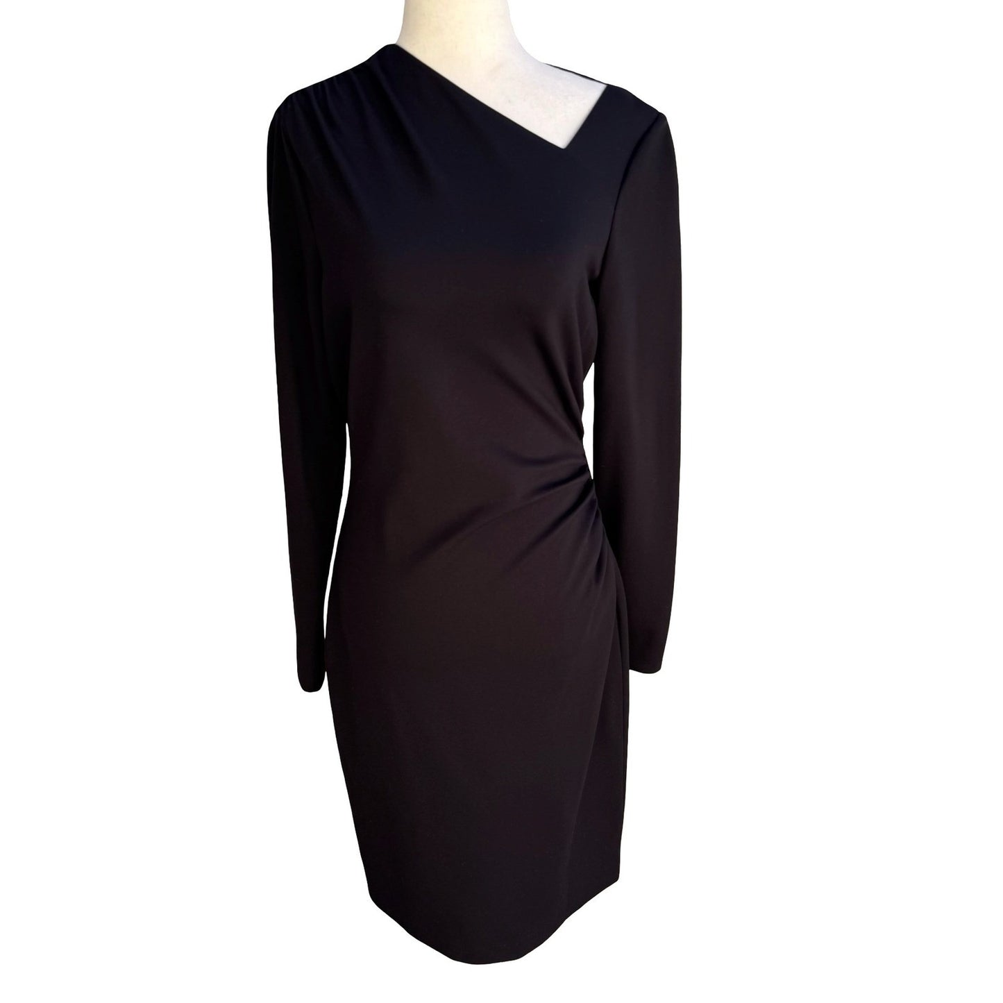 Elie Tahari Mozelle Asymmetrical Neck Ruched Minimalist Sheath Dress LBD Black 6