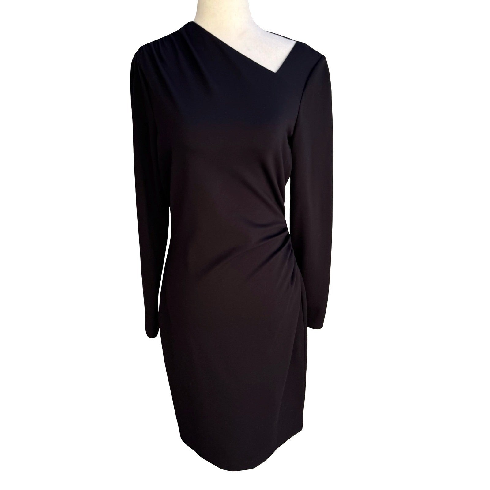 Elie Tahari Mozelle Asymmetrical Neck Ruched Minimalist Sheath Dress LBD Black 6