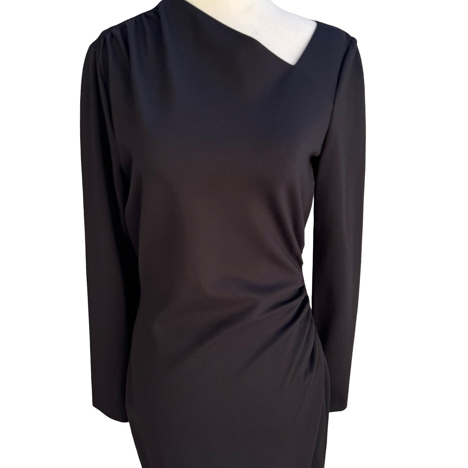 Elie Tahari Mozelle Asymmetrical Neck Ruched Minimalist Sheath Dress LBD Black 6