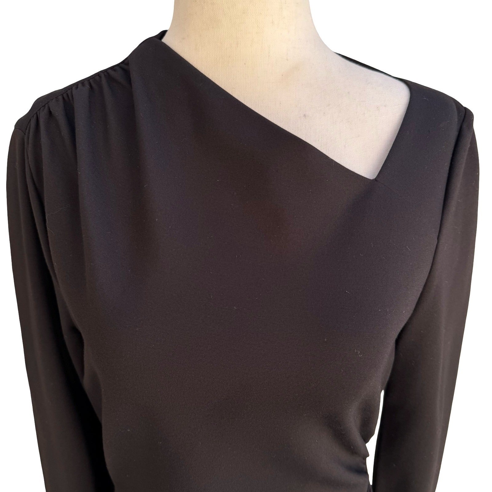Elie Tahari Mozelle Asymmetrical Neck Ruched Minimalist Sheath Dress LBD Black 6