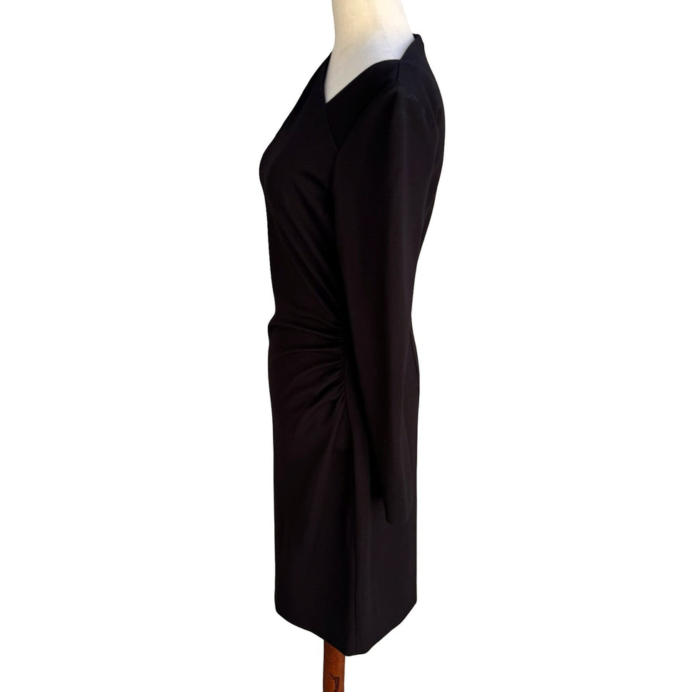 Elie Tahari Mozelle Asymmetrical Neck Ruched Minimalist Sheath Dress LBD Black 6