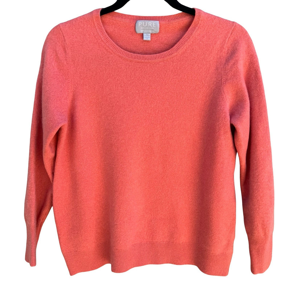 Pure Collection 100% Cashmere Luxury Minimalist Preppy Sweater Coral Womens L