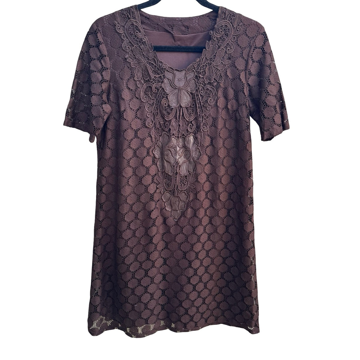 Whimsigoth Coquette Lace Floral Embroidery Boho Cottagcore Shift Dress Brown L