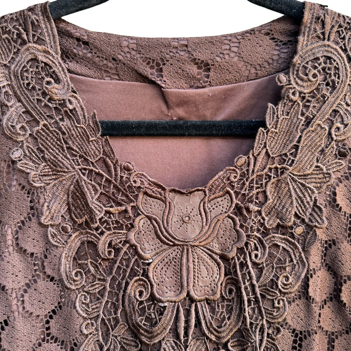 Whimsigoth Coquette Lace Floral Embroidery Boho Cottagcore Shift Dress Brown L