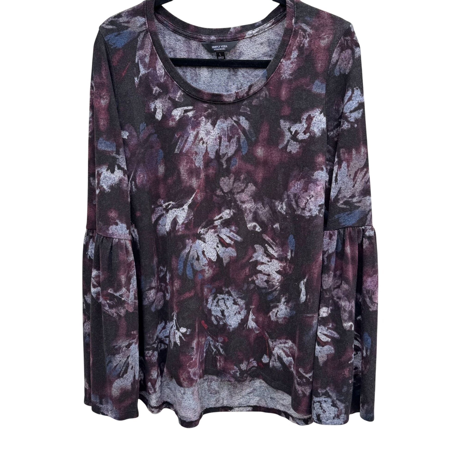 Simply Vera Vera Wang Floral Long Bell Sleeve Knit Top Lightweight Sweater L