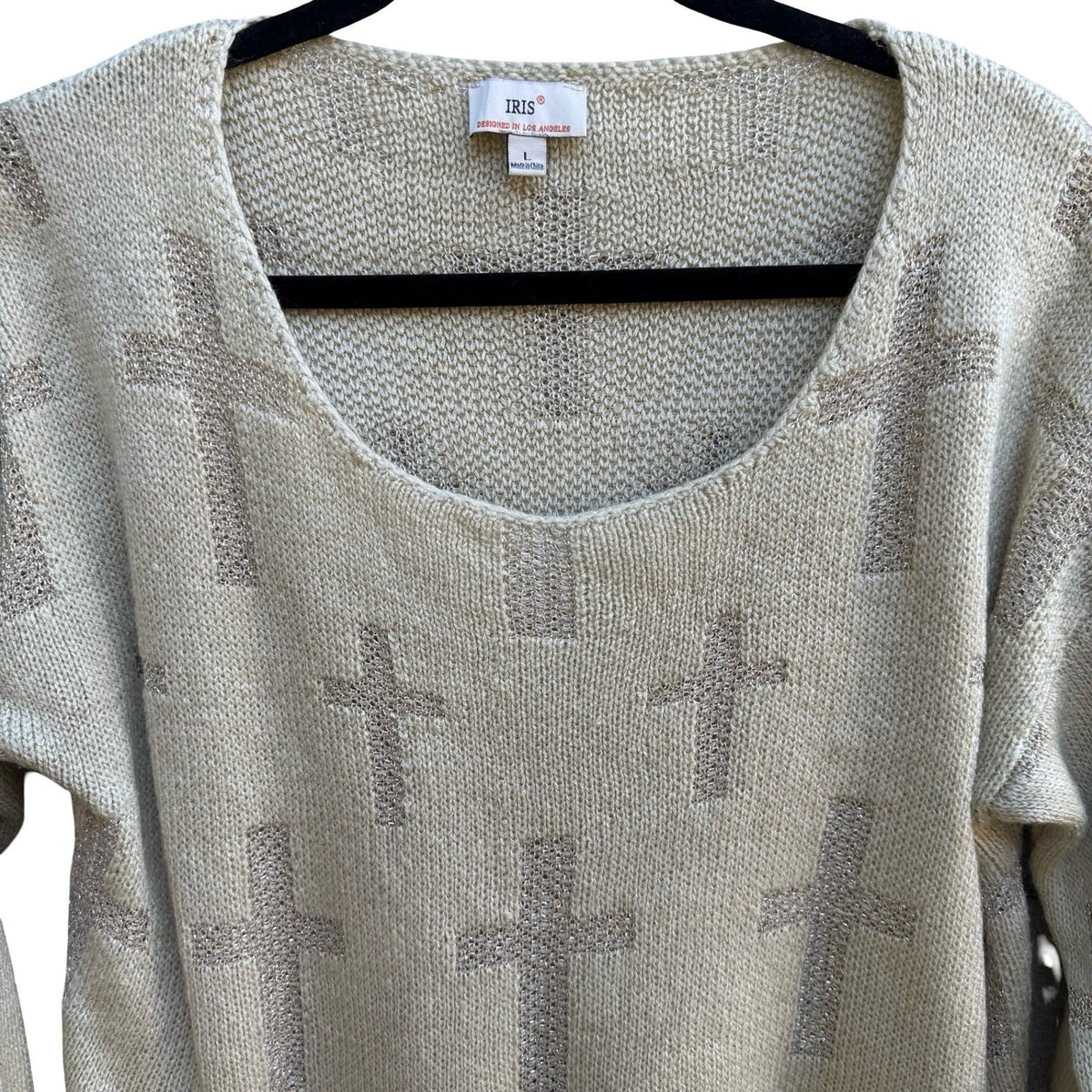 IRIS Y2K Goth Grunge Alt Metallic Cross Pattern Shimmer Knit Sweater Beige L