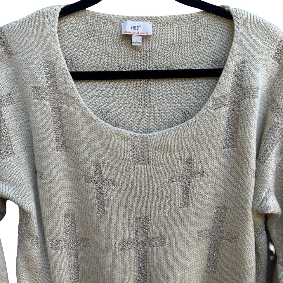 IRIS Y2K Goth Grunge Alt Metallic Cross Pattern Shimmer Knit Sweater Beige L