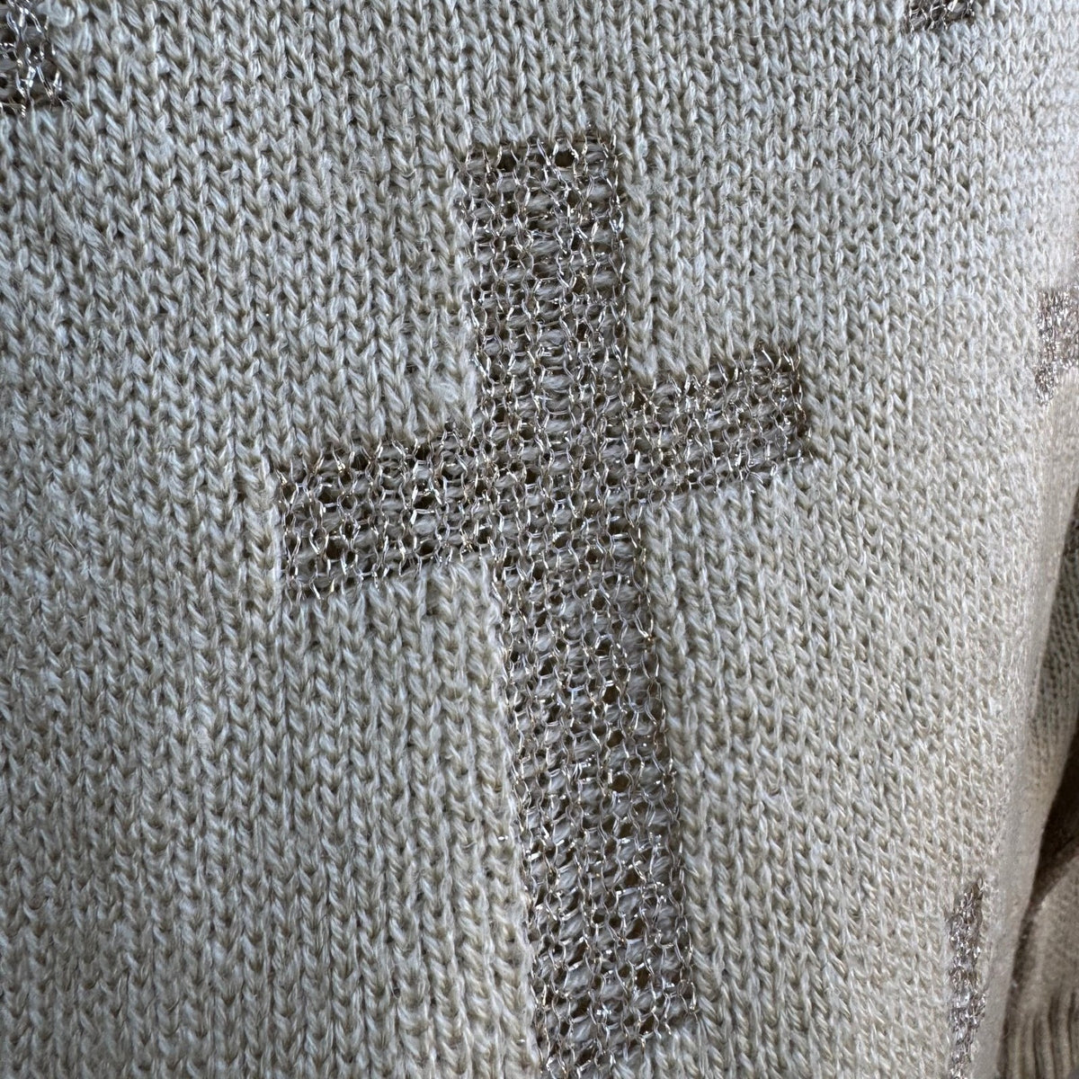 IRIS Y2K Goth Grunge Alt Metallic Cross Pattern Shimmer Knit Sweater Beige L