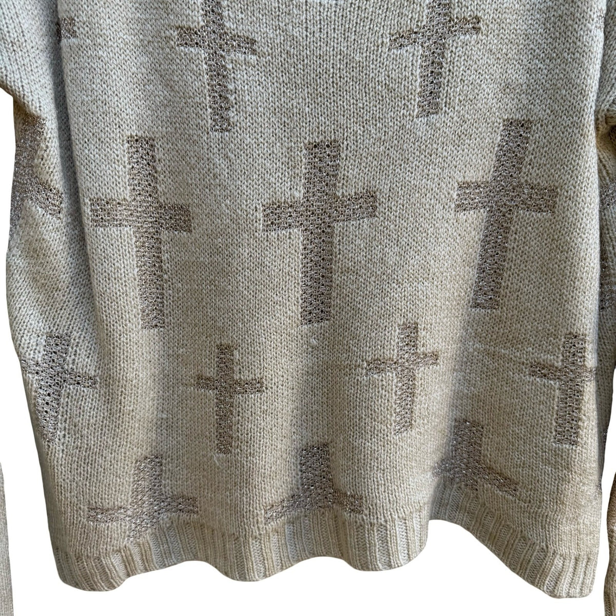 IRIS Y2K Goth Grunge Alt Metallic Cross Pattern Shimmer Knit Sweater Beige L