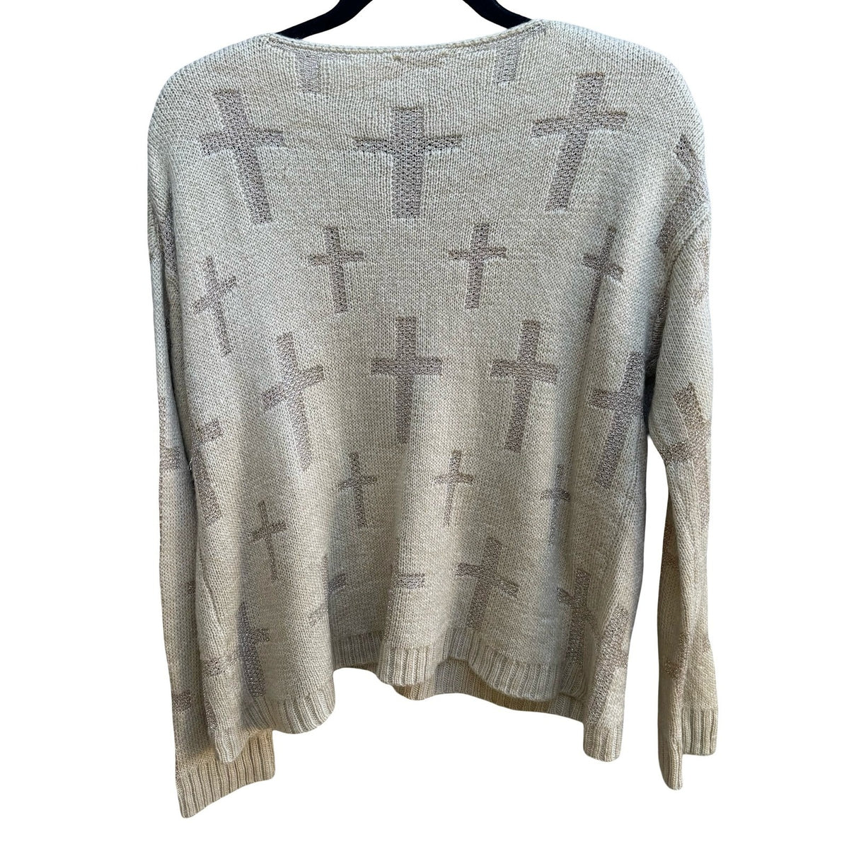 IRIS Y2K Goth Grunge Alt Metallic Cross Pattern Shimmer Knit Sweater Beige L