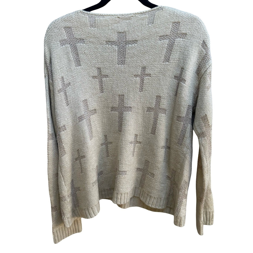 IRIS Y2K Goth Grunge Alt Metallic Cross Pattern Shimmer Knit Sweater Beige L