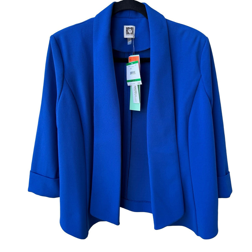 Anne Klein Minimalist Open Front 3/4 Cuffed Sleeve Blazer Jacket Blue L NEW
